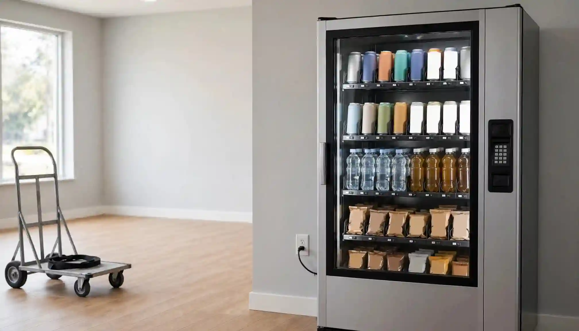 A stocked vending machine stands beside a wall outlet and delivery dolly.