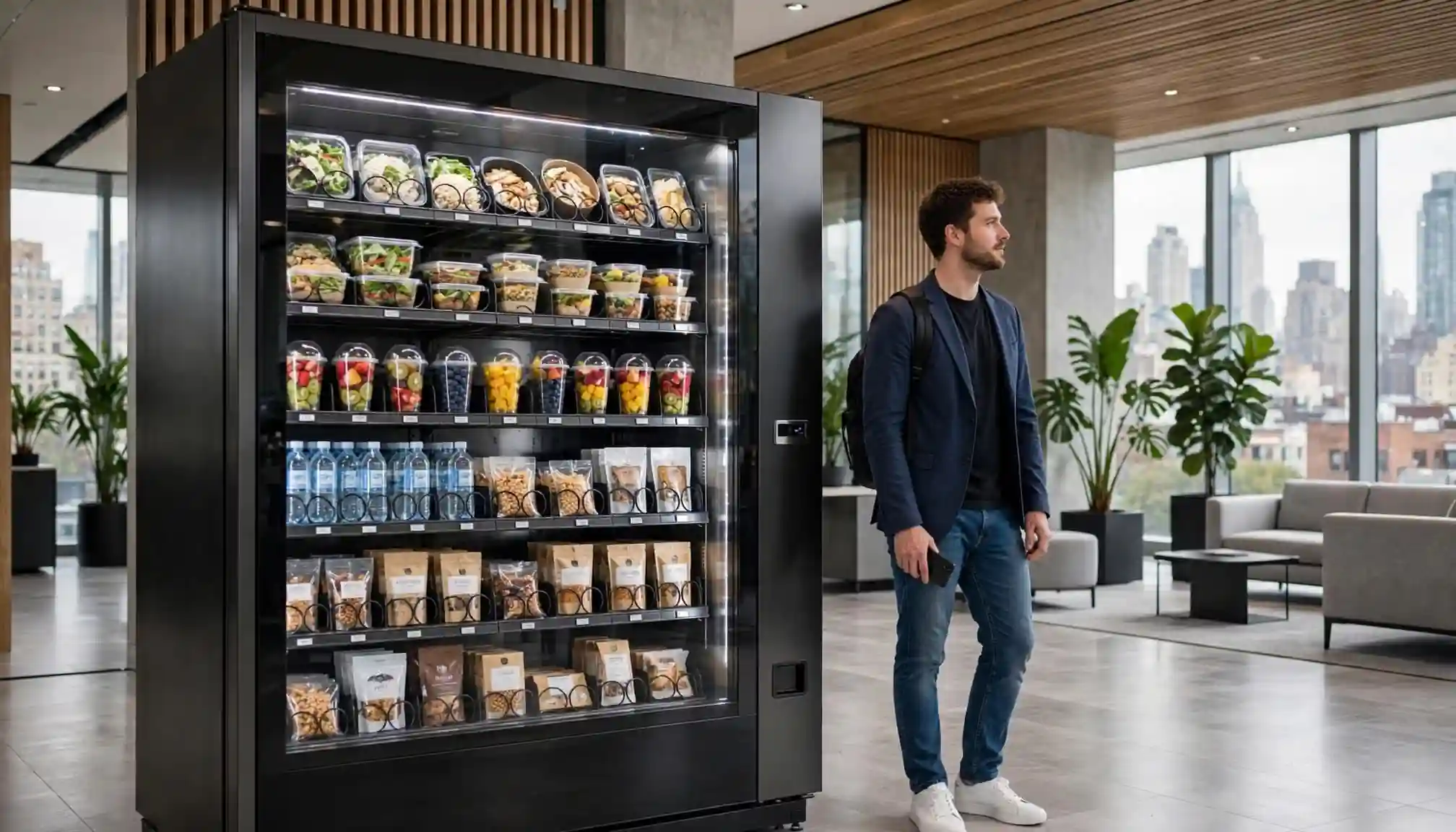 A customer stands beside a vending machine stocked with healthy food and drinks in a bright office lobby.
